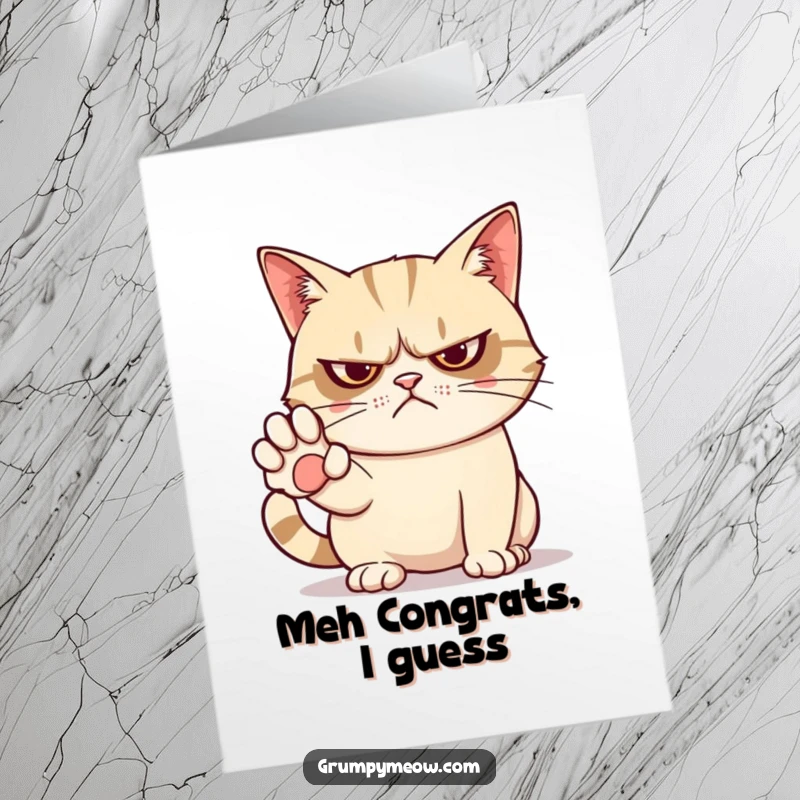 Funny Free Printable Congratulations Card: Grumpy cat with paw outstretched, giving a begrudging nod. Downloadable art.