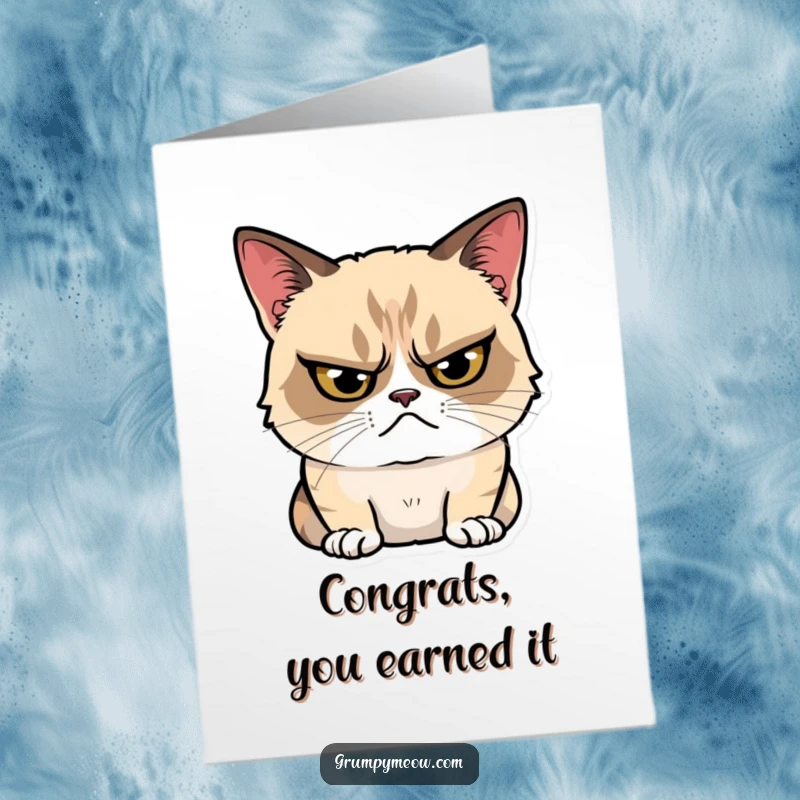 Funny Free Printable Congratulations Card: Grumpy cat glaring, but a tiny, almost imperceptible smile hints at approval.