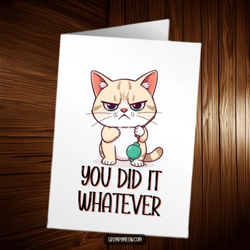 Funny Free Printable Congratulations Card: Grumpy cat looking utterly unimpressed while half-heartedly swatting a dangling toy.