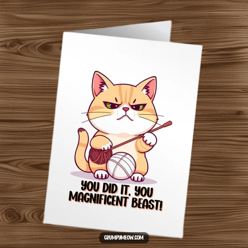 Funny Free Printable Congratulations Card showing a grumpy cat mid-swat at a yarn ball, acknowledging success with characteristic displeasure.