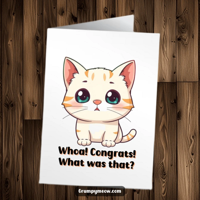 Funny Free Printable Congratulations Card: A cat with huge pupils looks startled by something unexpected.