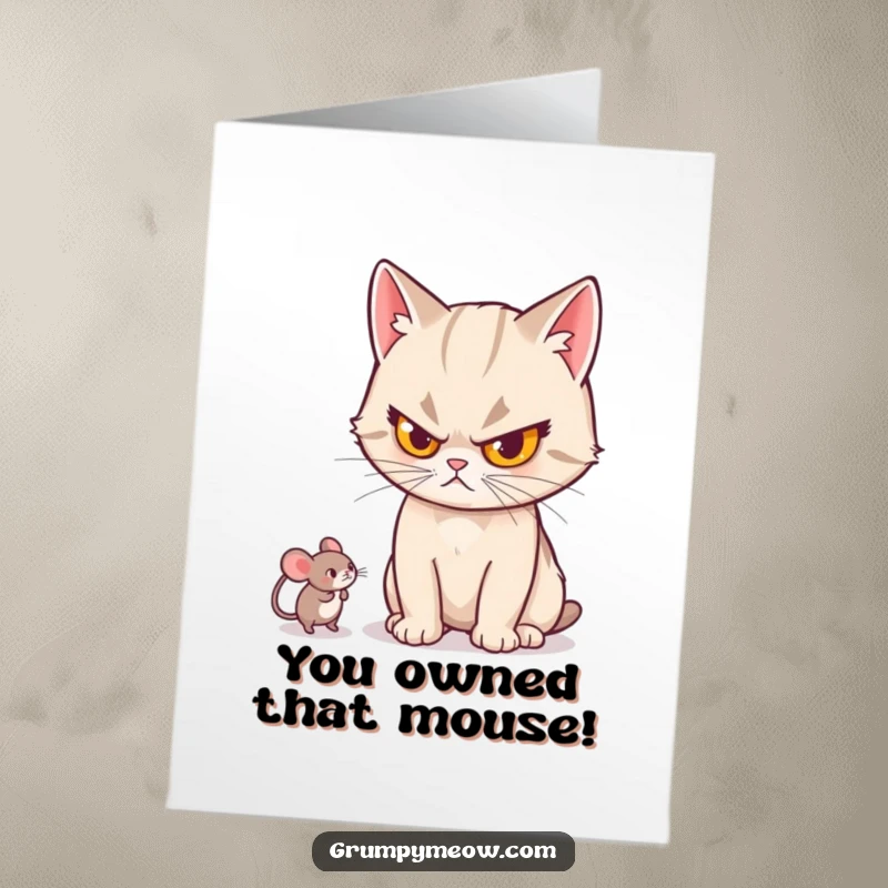 Funny Free Printable Congrats Card: Cat with a serious expression batting a toy mouse, symbolizing a playful but determined win.