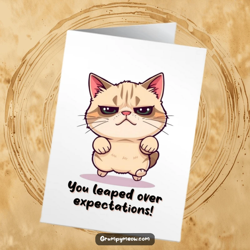 Funny Free Printable Congratulations Card: Grumpy cat soaring through the air in a triumphant leap.