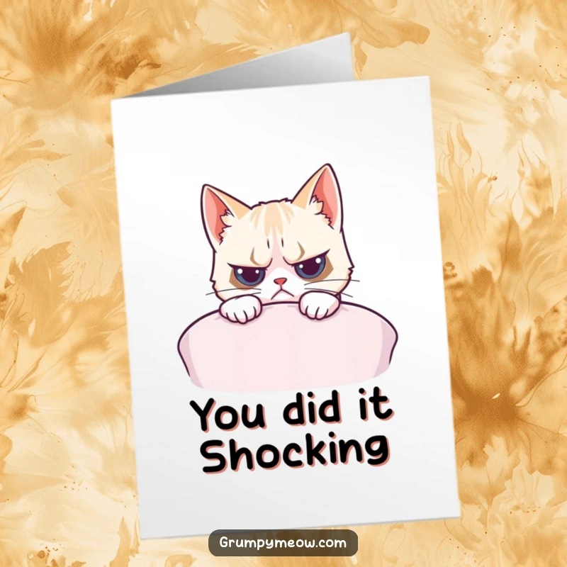 Funny Free Printable Congrats Card: Grumpy cat peeking over cushion with mild surprise.