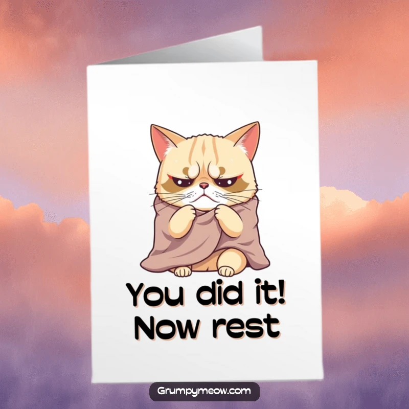 Funny Free Printable Congratulations Card: Grumpy cat blanket-wrapped, sighing dramatically, sending sarcastic well wishes.