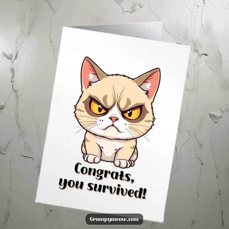 Funny Free Printable Congratulations Card: A grumpy cat with crossed eyes gives a unimpressed glare, sarcastically congratulating an achievement.
