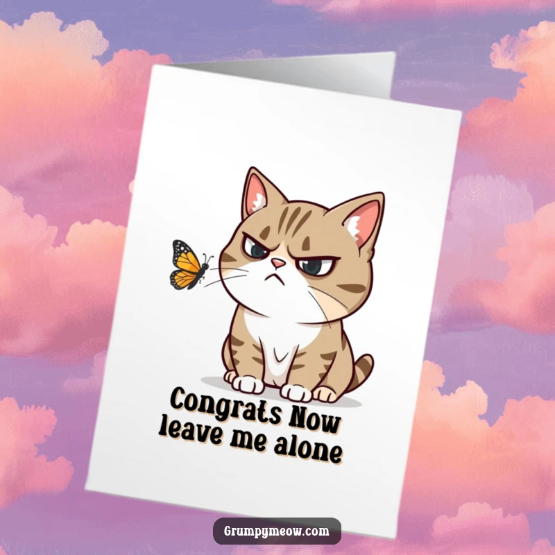 Funny Free Printable Congratulations Card: Grumpy cat glaring, annoyed by a playful butterfly trying to celebrate alongside.