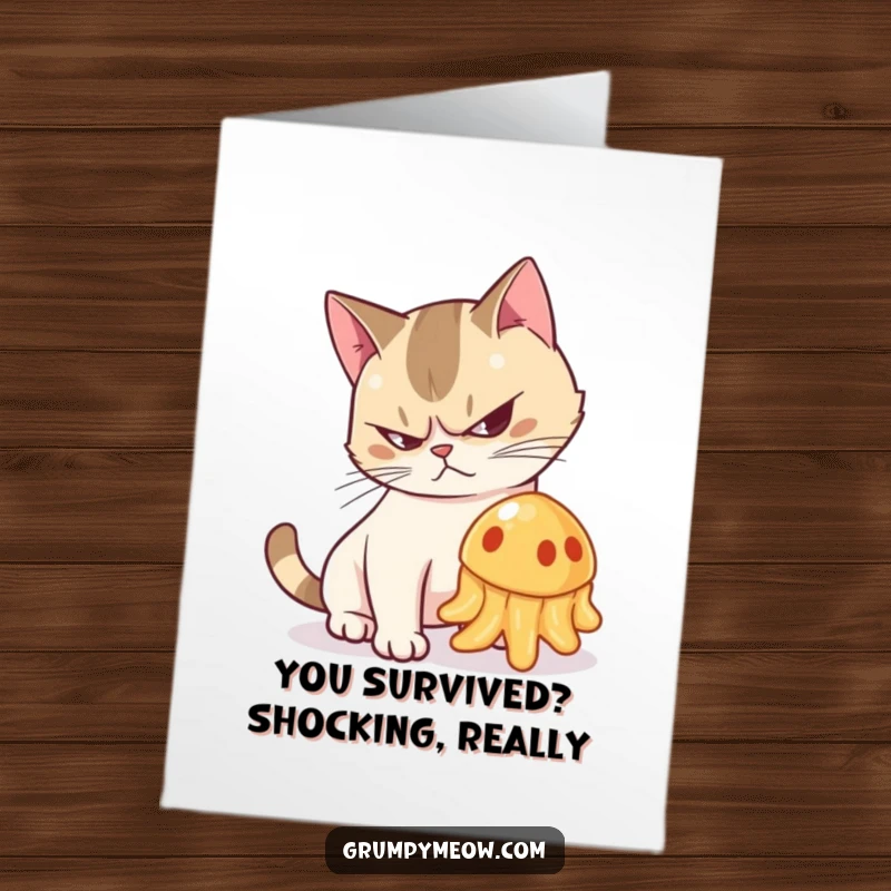 Funny Free Printable Congrats Card: A grumpy cat arches its back and hisses at a jelly that dares to wobble precariously.