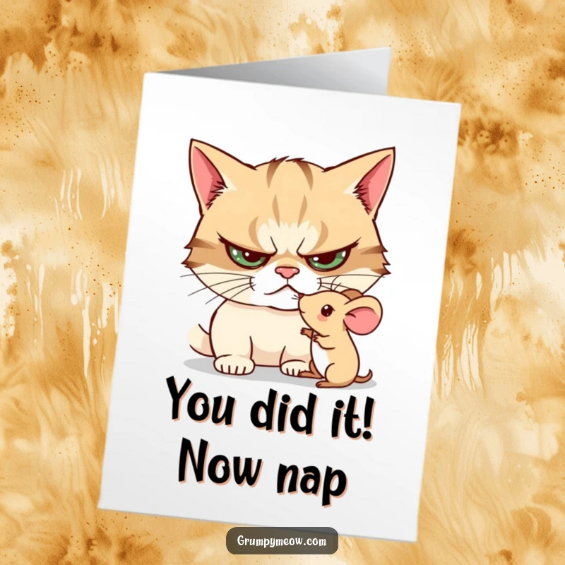 Funny Free Printable Congrats Card: Grumpy cat gives a trembling mouse a curious poke, celebrating with a subtle smirk.