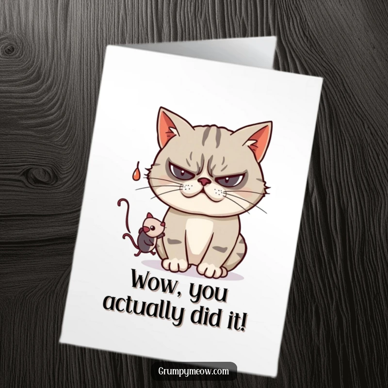 Funny Free Printable Congratulatory Card: Grumpy Cat playfully swatting at a dangling toy mouse, expressing a unique form of celebration.