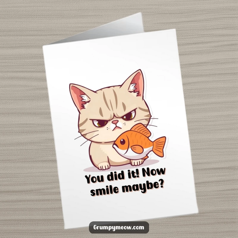 Funny Free Printable Congrats Card: A grumpy cat frowns intensely, staring at a fish, conveying subtle congratulations.