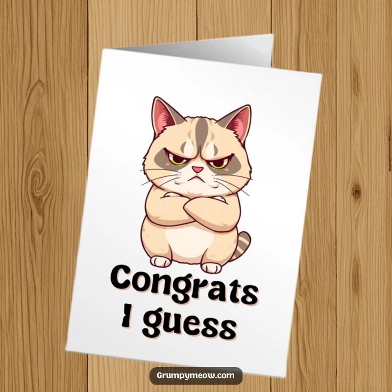Funny Free Printable Congratulations Card: Grumpy cat with arms crossed, looking unimpressed, offering backhanded congrats.