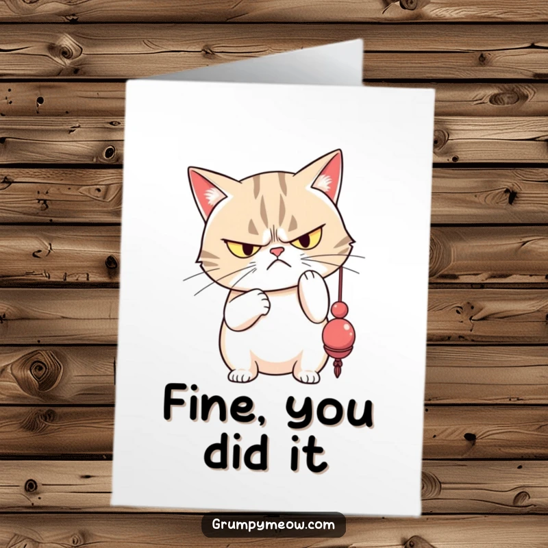 Funny Free Printable Grumpy Cat Congratulations Card: Grumpy cat batting a toy with disdain, acknowledging success reluctantly.