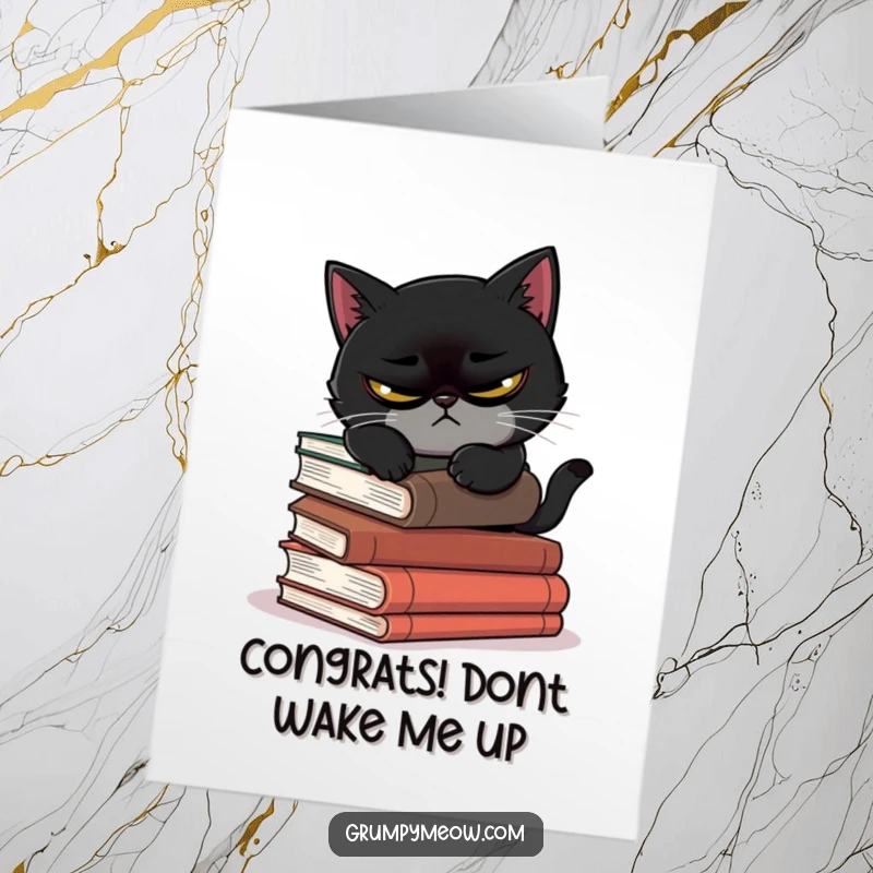 Funny Free Printable Congrats Card: A permanently scowling black cat tries to nap on a pile of books that look ready to topple.