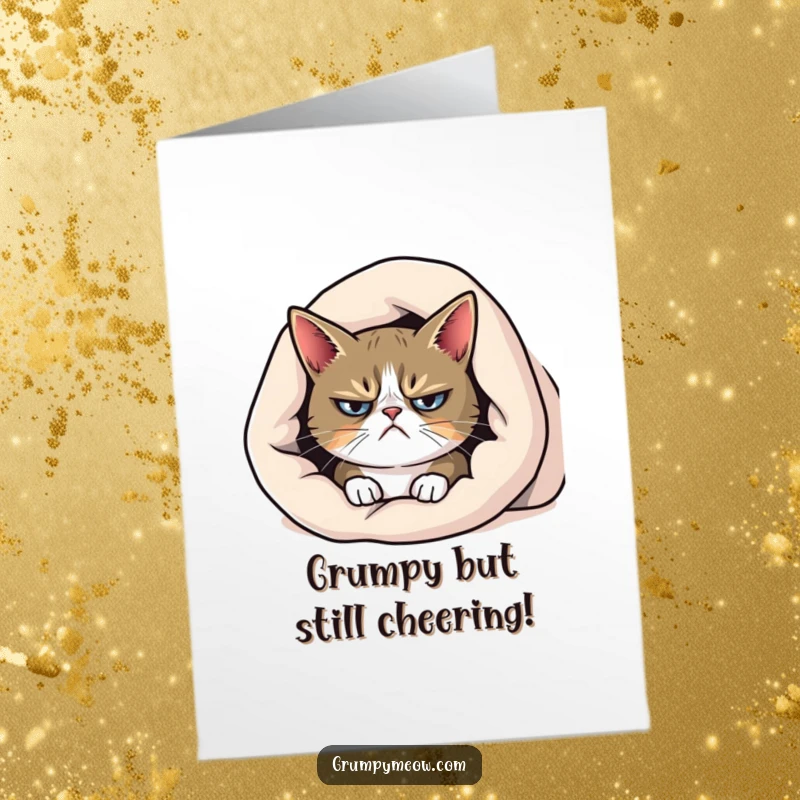 Funny Free Printable Congratulations Card: A grumpy cat peeking from under a blanket with a frown, expressing reluctant congratulations.
