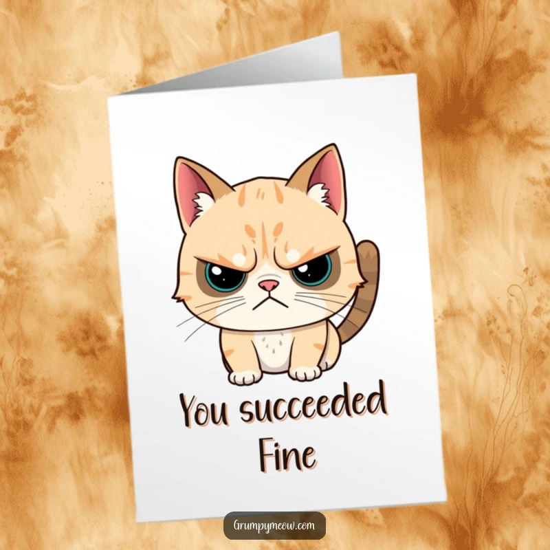 Funny free printable congratulations card: grumpy cat accepting a head scratch with a twitch, suitable for cat moms.