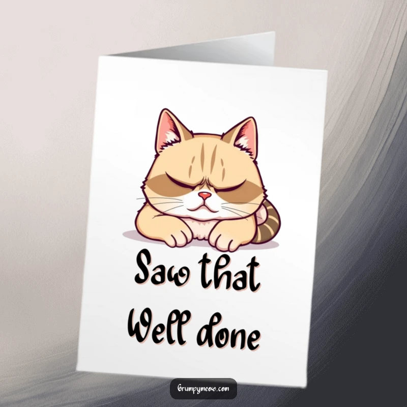 Funny free printable congratulations card: a grumpy cat feigns sleep while secretly observing, for cat moms.