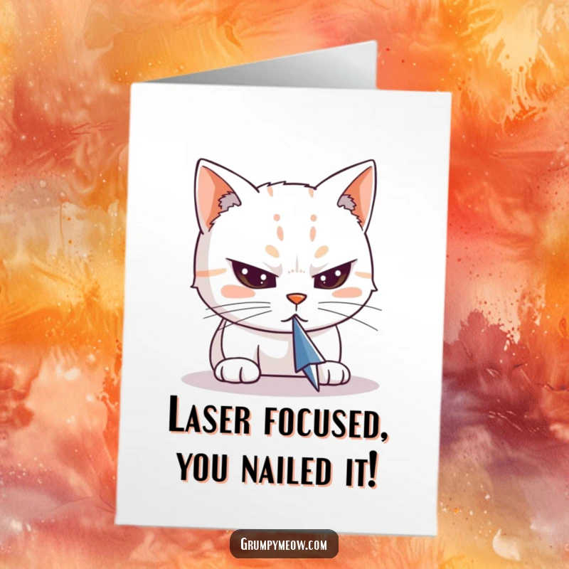 Funny Free Printable Congratulations Card showcasing a cat's piercing gaze fixed on a computer cursor, celebrating focus and achievement.