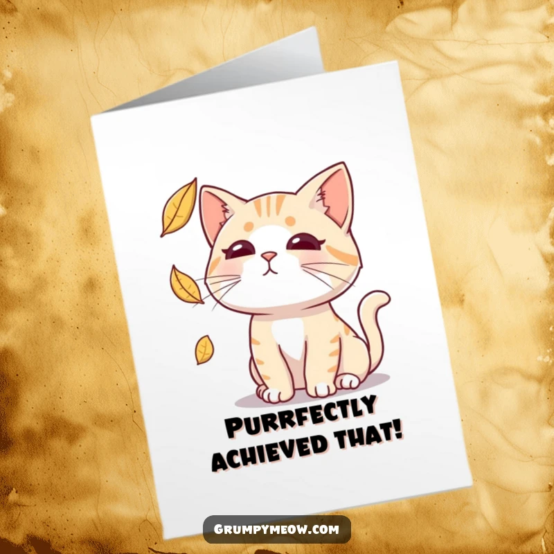 Funny Free Printable Congratulations Card: A cat with a blank expression attempts to catch a falling leaf, humorously.