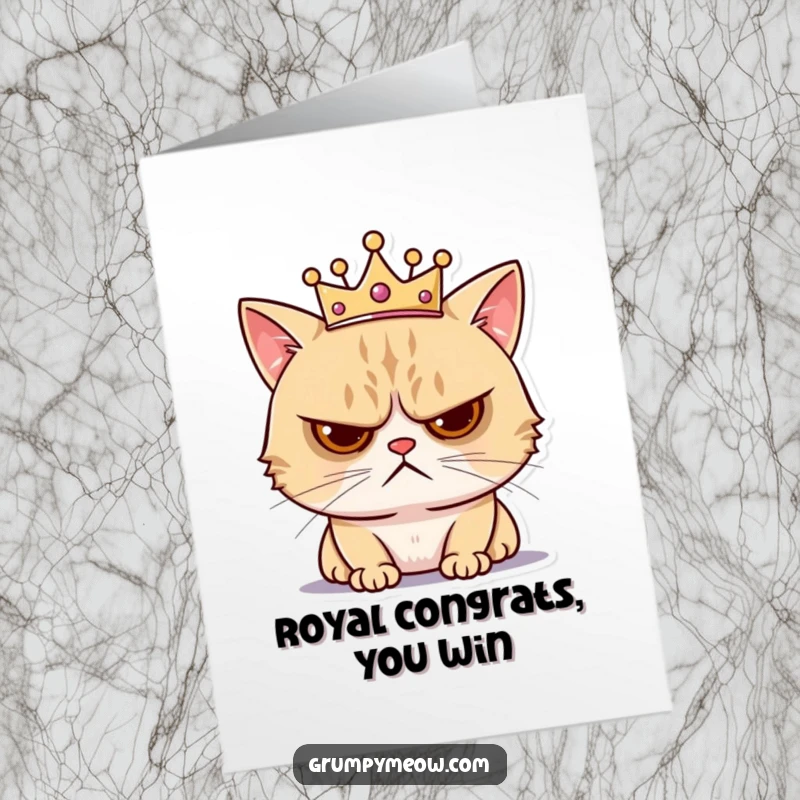 Funny Free Printable Congratulations Card: Grumpy cat in a tiny crown, looking thoroughly annoyed, bestowing reluctant congratulations.