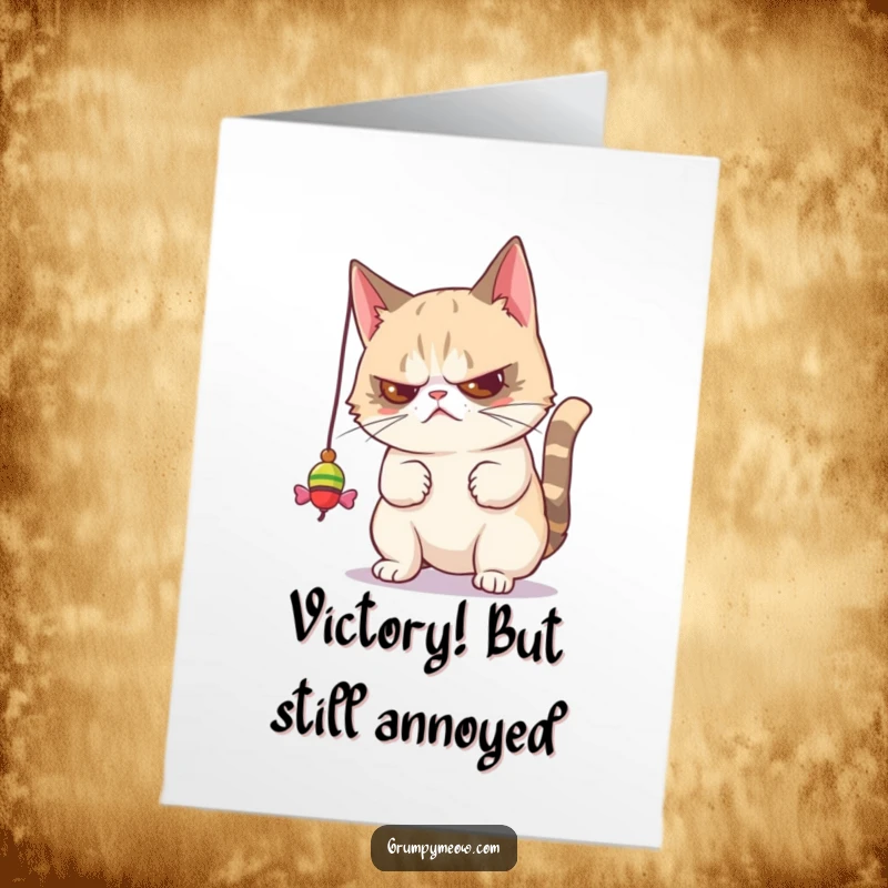 Funny Free Printable Congratulations Card: Grumpy cat disdainfully bats at a toy, showing unimpressed success.