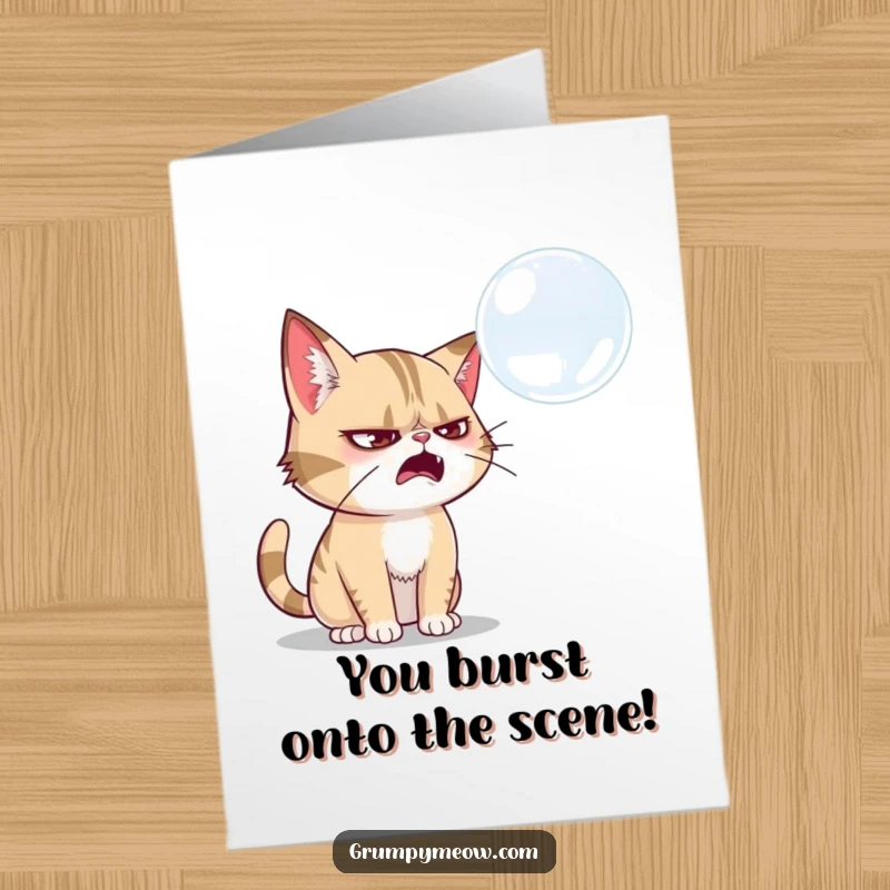 Funny Free Printable Congratulations Card: Grumpy cat smugly watches a popped soap bubble.