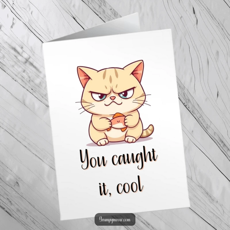 Funny free printable congratulations card showing a grumpy cat smirking smugly while holding a small, recently acquired fish.