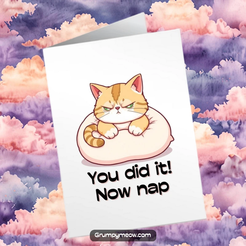 Funny Free Printable Congratulations Card with a scowling cat giving a side-eye, perfect for any achievement.