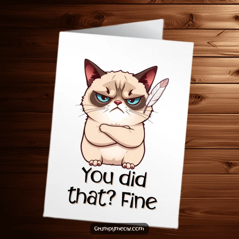 Funny Free Printable Congrats Card: Grumpy cat crossed arms, unimpressed by a floating feather, acknowledging success.