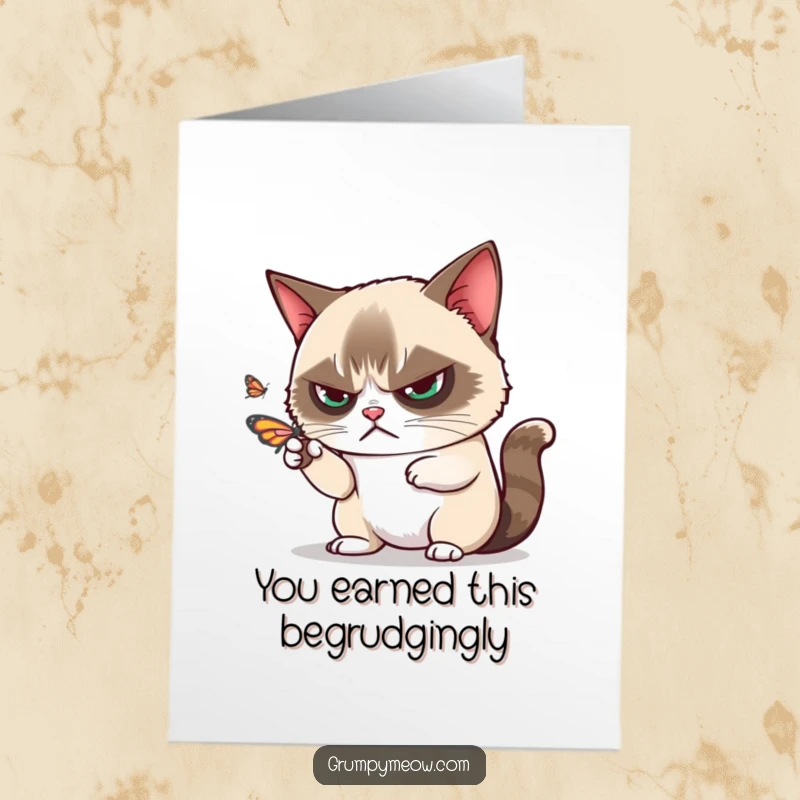 Funny Free Printable Congrats Card: Grumpy cat disdainfully batting away a butterfly, reacting to success.