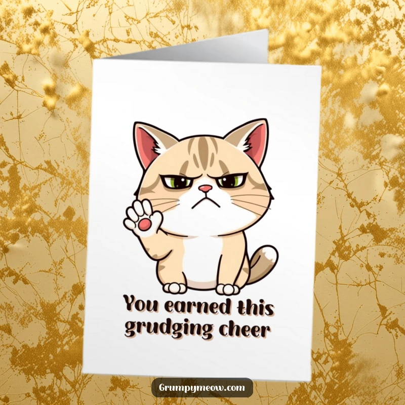 Funny Free Printable Congratulations Card with a grumpy cat making a forced wave, perfect for celebrating with mock enthusiasm.