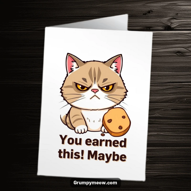 Funny Free Printable Congratulatory Card: Grumpy Cat with narrowed eyes suspiciously eyeing a tempting treat, a unique way to celebrate.