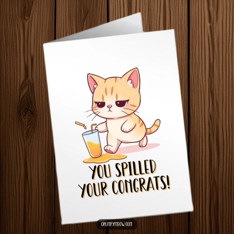 Funny Free Printable Congrats Card: Cat walking away from a spilled drink with a resigned look, celebrating perseverance through mishaps.