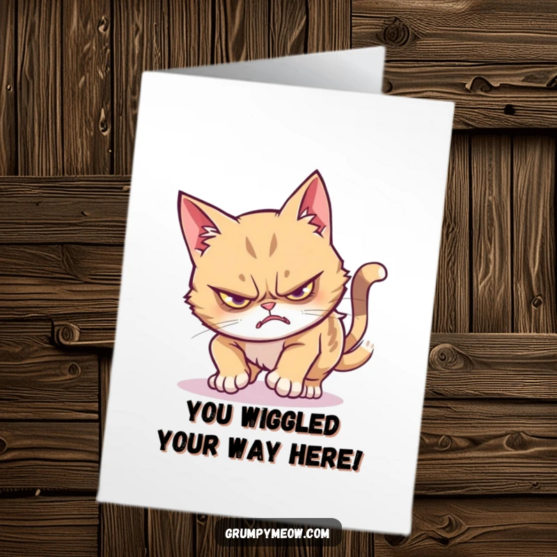 Funny Free Printable Congratulations Card showcasing a grumpy cat attempting a stealthy wiggle pounce, perfect for any success.