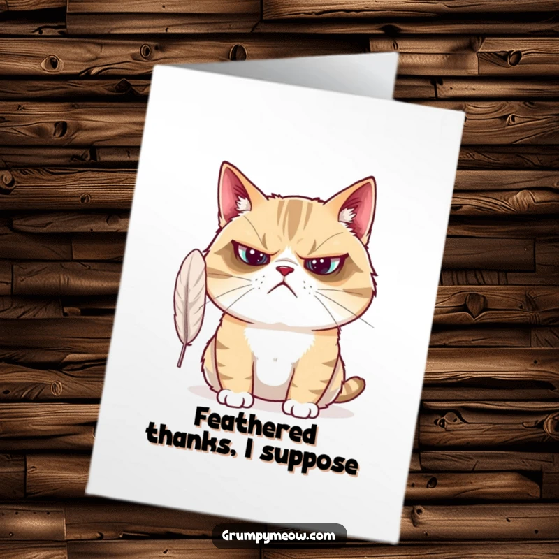 Funny Free Printable Thank You Card: A grumpy cat is deeply confused by the mysterious appearance of a fluttering feather.