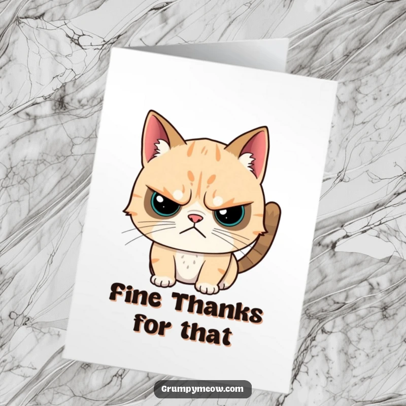 Funny free printable thank you card: a grumpy cat with a twitch accepts a head scratch, a gift for cat lovers.