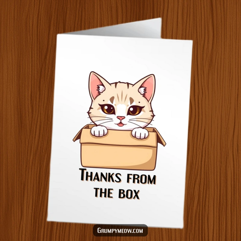 Funny Free Printable Thank You Card: a cat with furrowed brows peeks out from a cardboard box. Playful downloadable gift.