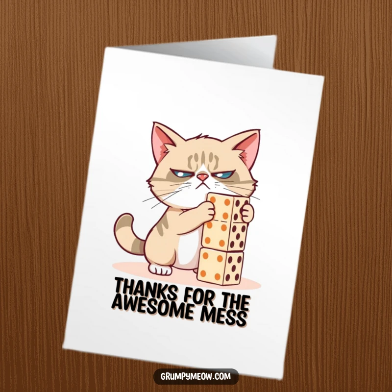 Funny Free Printable Thank You Card: Grumpy cat contemplates kindness after knocking over dominoes.