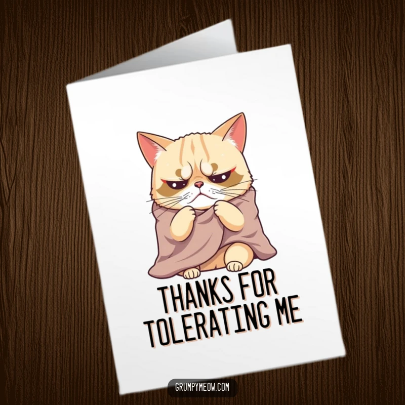 Funny Free Printable Thank You Card: Grumpy cat in a blanket, sighing dramatically, expressing reluctant thanks.
