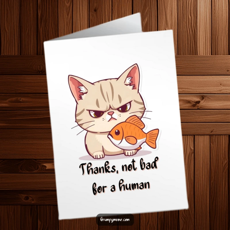 Funny Free Printable Thank You Card: Grumpy cat frowns intensely, eyes locked on a fish, a purrfect thank you.