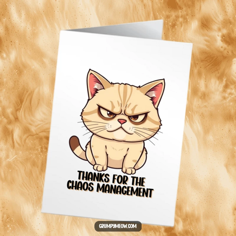 Funny Free Printable Thank You Card: Grumpy cat looks intently with narrowed eyes, plotting some delightful mischief.