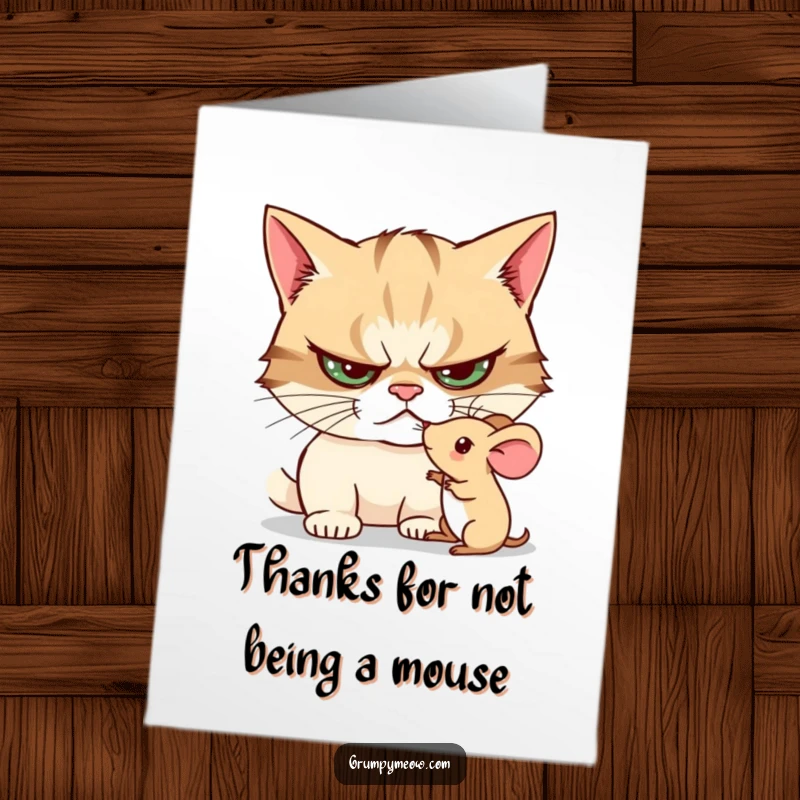 Funny Free Printable Thank You Card: Grumpy cat curiously pokes a terrified toy mouse, conveying thanks with feline disdain.