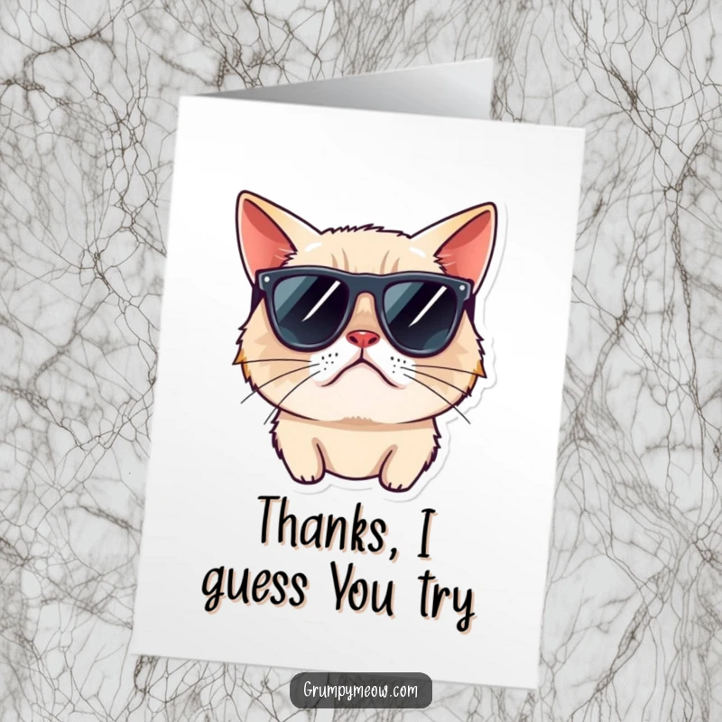 Funny Free Printable Thank You Card: Grumpy cat in sunglasses looks away rudely, a hilariously unbothered thank you.