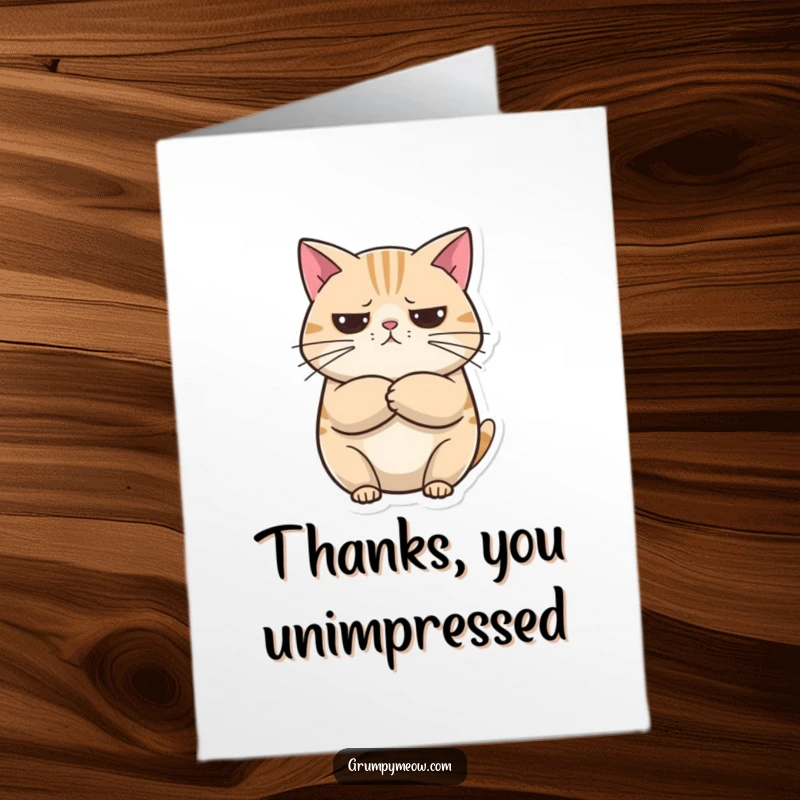 Funny Free Printable Thank You Card featuring a round cat with arms crossed, looking unimpressed but curious. Humorous downloadable gift.