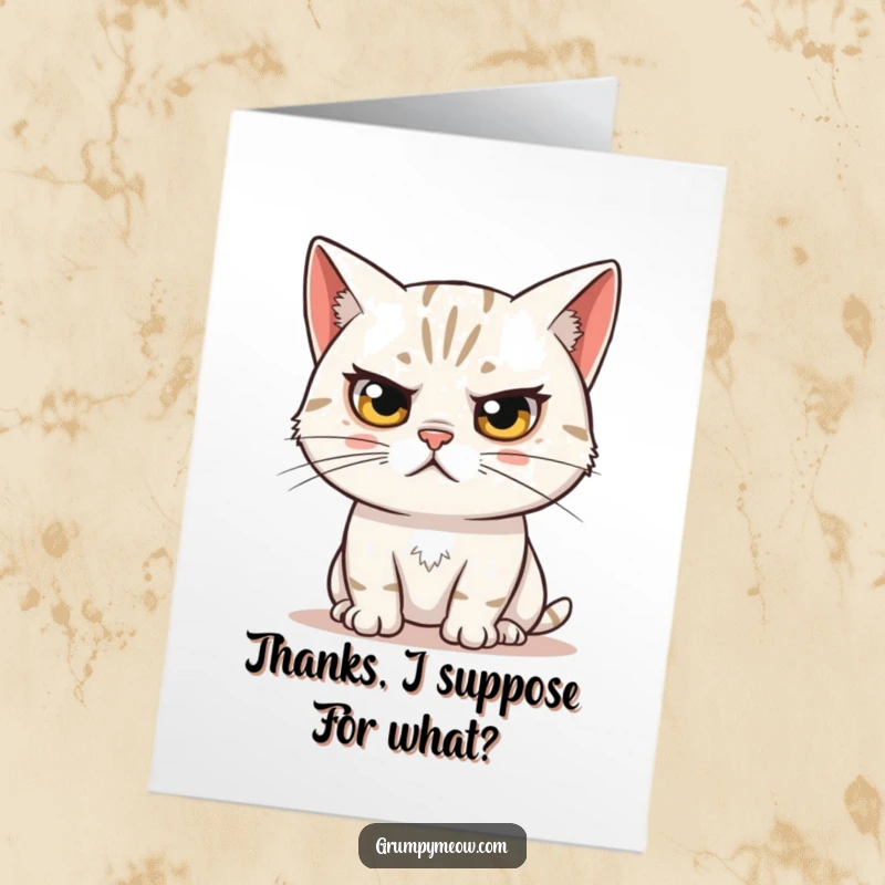 Funny Free Printable Thank You Card: Skeptical cat with a raised eyebrow, offering a thank you while clearly judging.