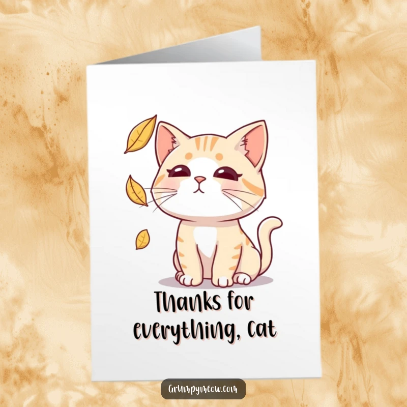 Funny Free Printable Thank You Card: A deadpan cat stares intently, trying to catch a single falling leaf.