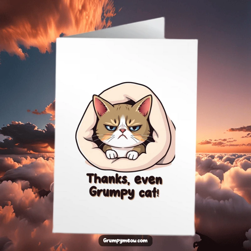 Funny Free Printable Thank You Card: A grumpy cat with a frown peeks from under a blanket, offering thanks reluctantly.