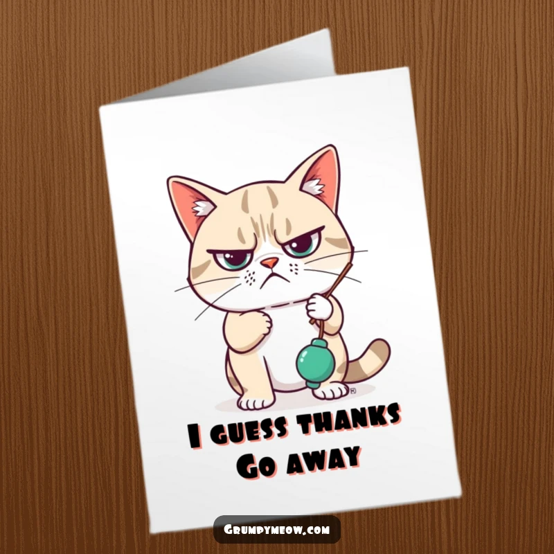 Funny Free Printable Thank You Card: Grumpy cat looking unimpressed, swatting a dangling toy with its paw.