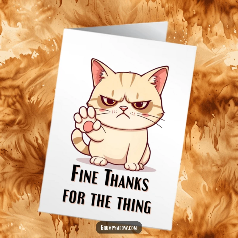 Funny Free Printable Thank You Card: Grumpy cat with paw out, conveying a reluctant thank you. Downloadable humor.