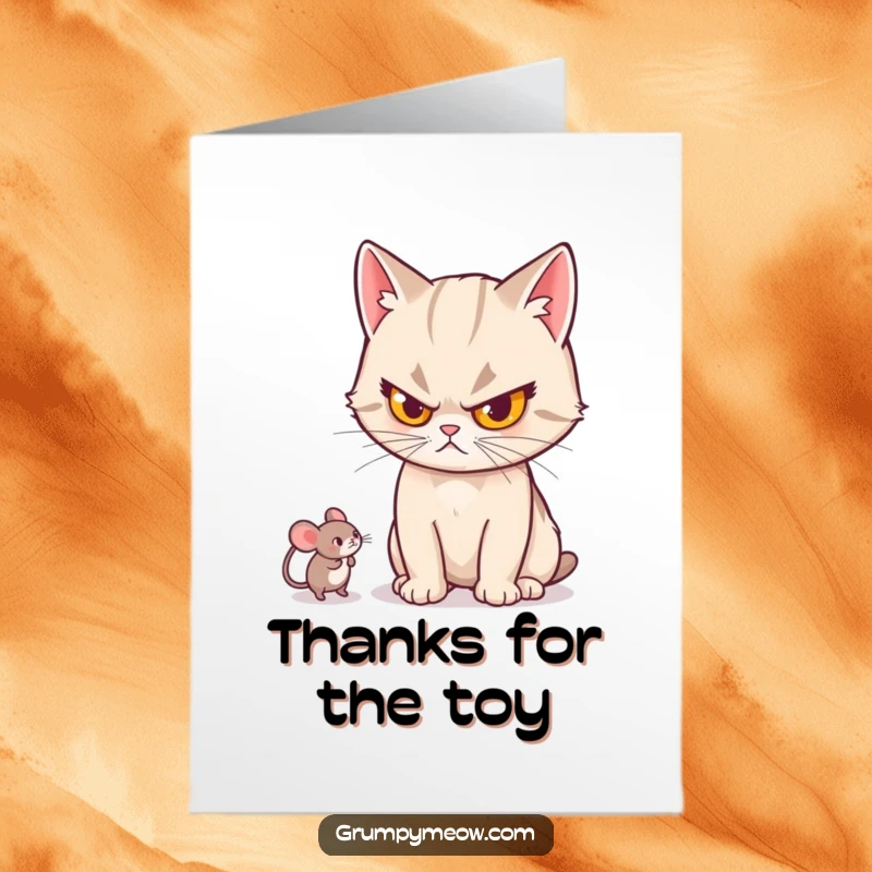 Funny Free Printable Thank You Card: Stern cat focused on batting a toy mouse, a humorous way to express thanks for playful actions.